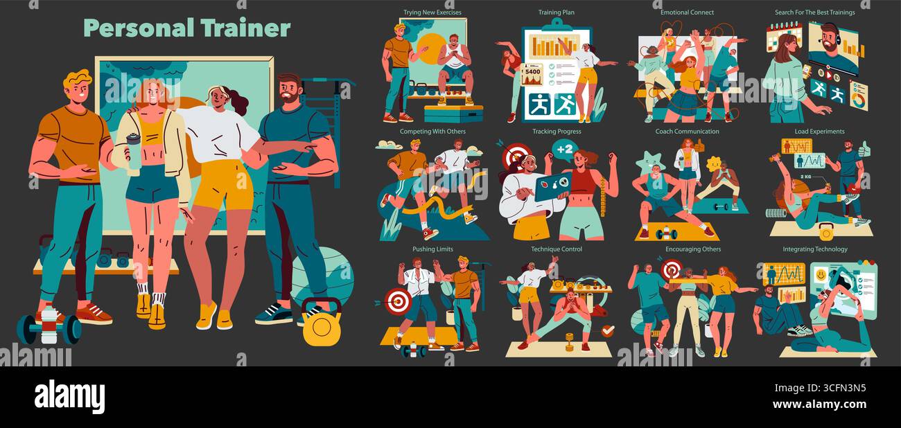 Personal Trainer set. Modern coaching methods and fitness routines in ...