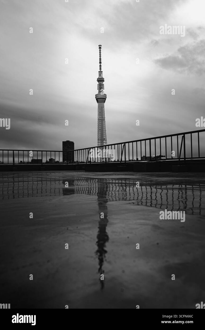 Tokyo Skytree reflected on the wet rooftop surface in Sumida, Tokyo, Japan. The composition contrasts the broadcasting tower with its inverted reflect Stock Photo