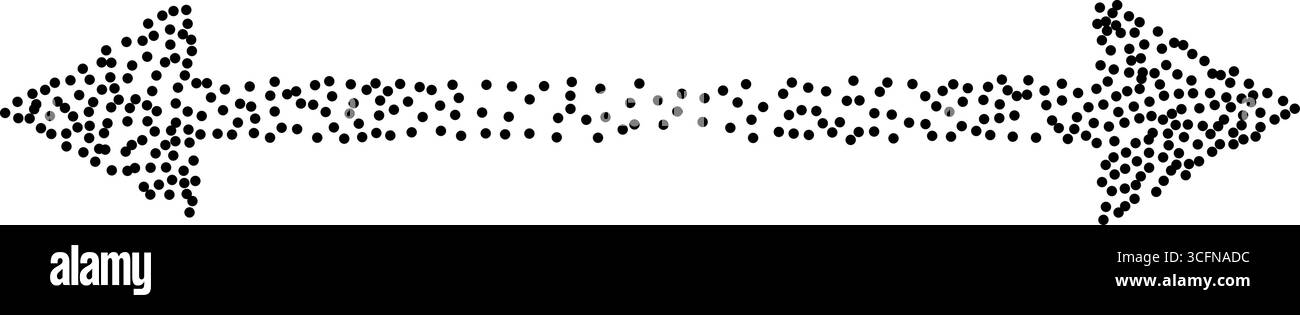 Abstract vector dotted double-sided arrow pointing left and right. Stylized black stipple dot pattern forming arrow shape. Horizontal direction, geome Stock Vector