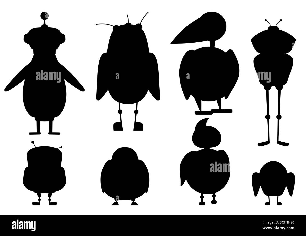 Vector set of black shadow cartoon robot birds. Collection of ...