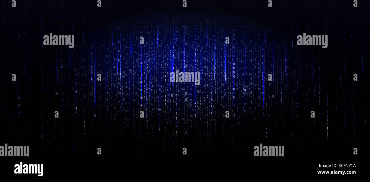 Binary Code Background Falling Digital Data Streams Blue Matrix Patter. Futuristic Technology texture BG For Cyber, Hacking, Data Science, Machine Stock Vector