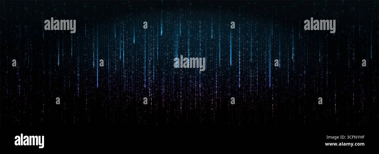 Glowing Binary Code Rain In Blue And Purple Gradient On Dark Background. Tech Matrix Style Design For Cyber, Data, And Digital Futuristic Concepts Stock Vector