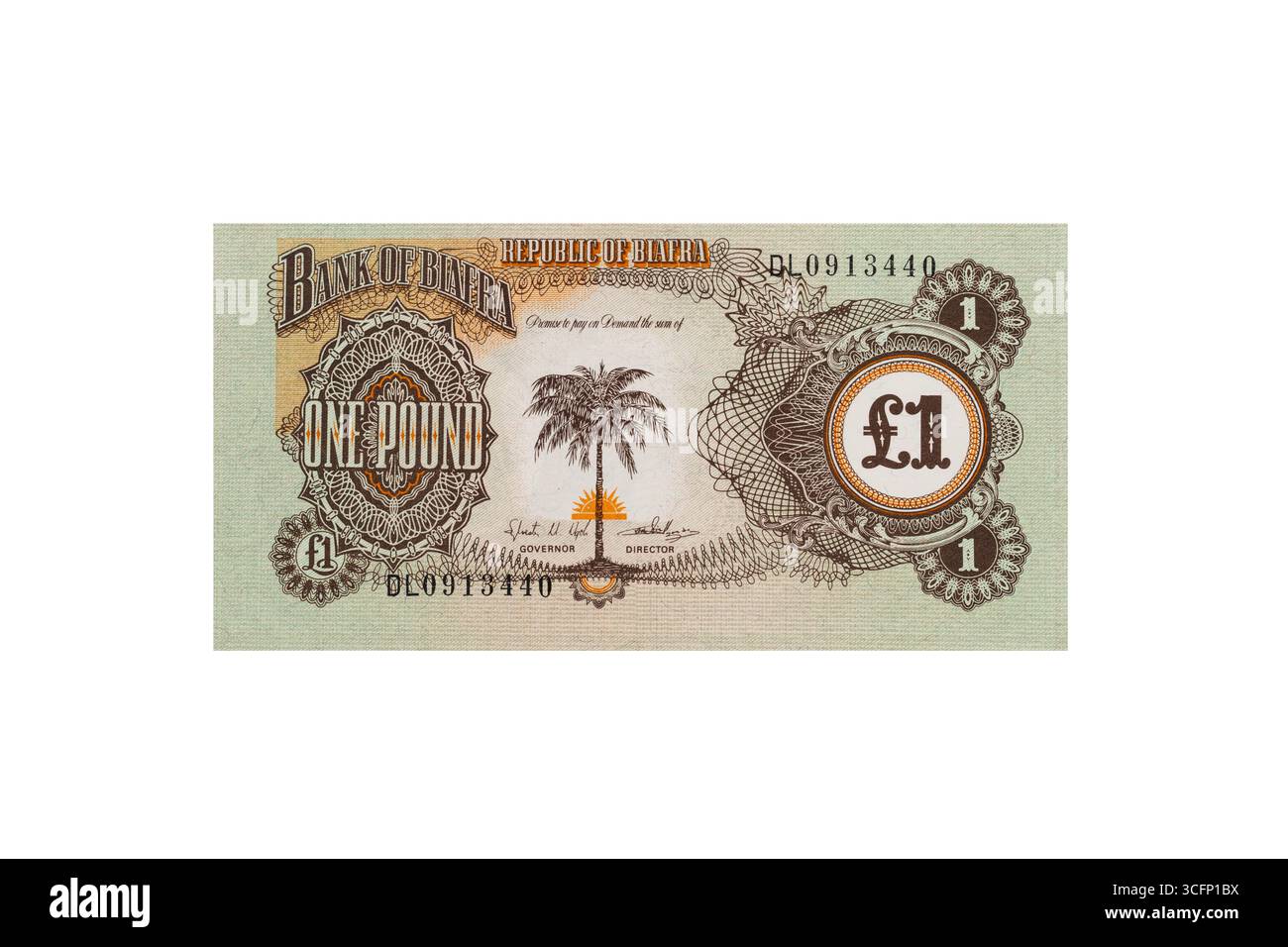 Vintage Biafra One Pound Banknote Front Side. Rare Banknote of 1968 Republic of Biafra Currency. Stock Photo