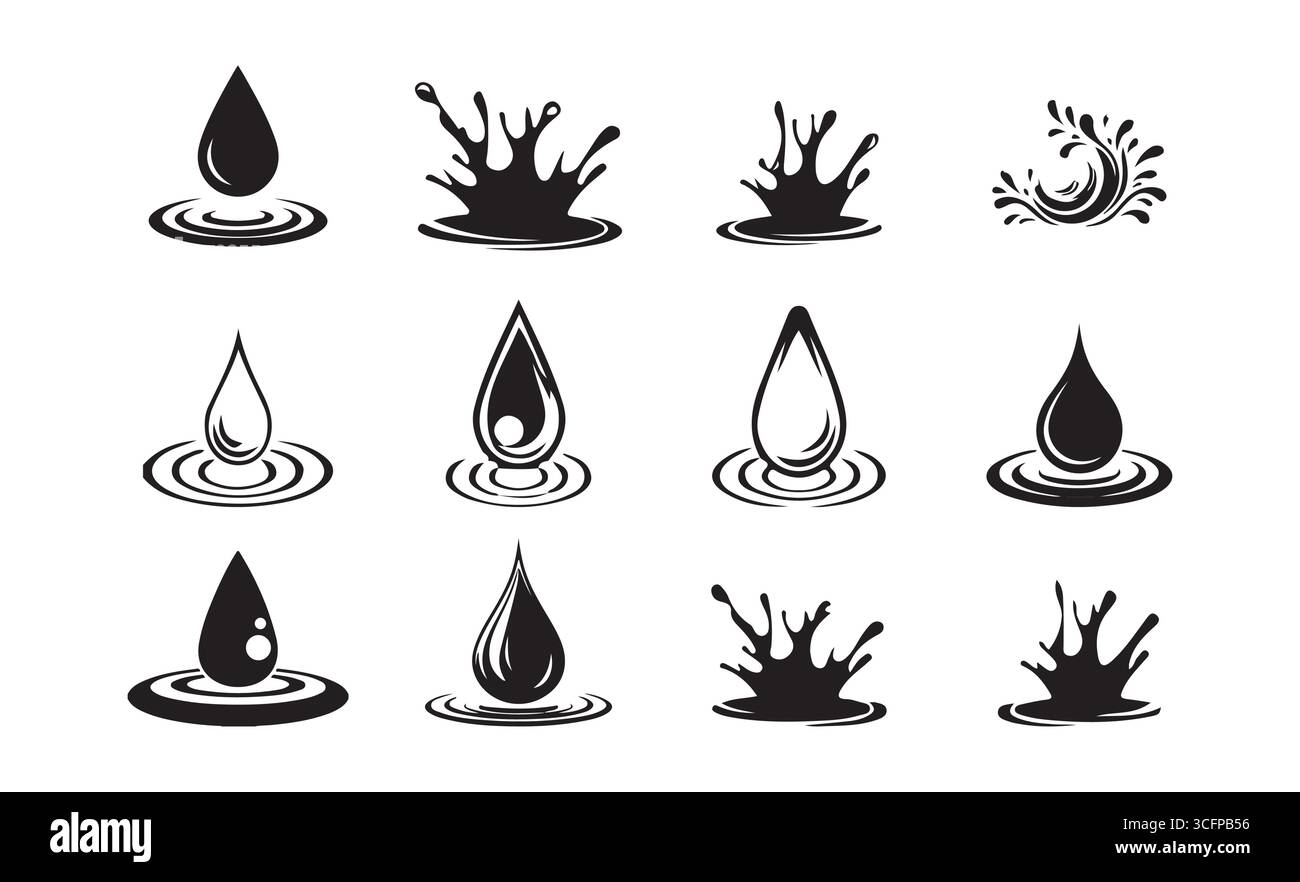 Set of Black Water Drop Icons and Splash Symbols Stock Vector Image ...