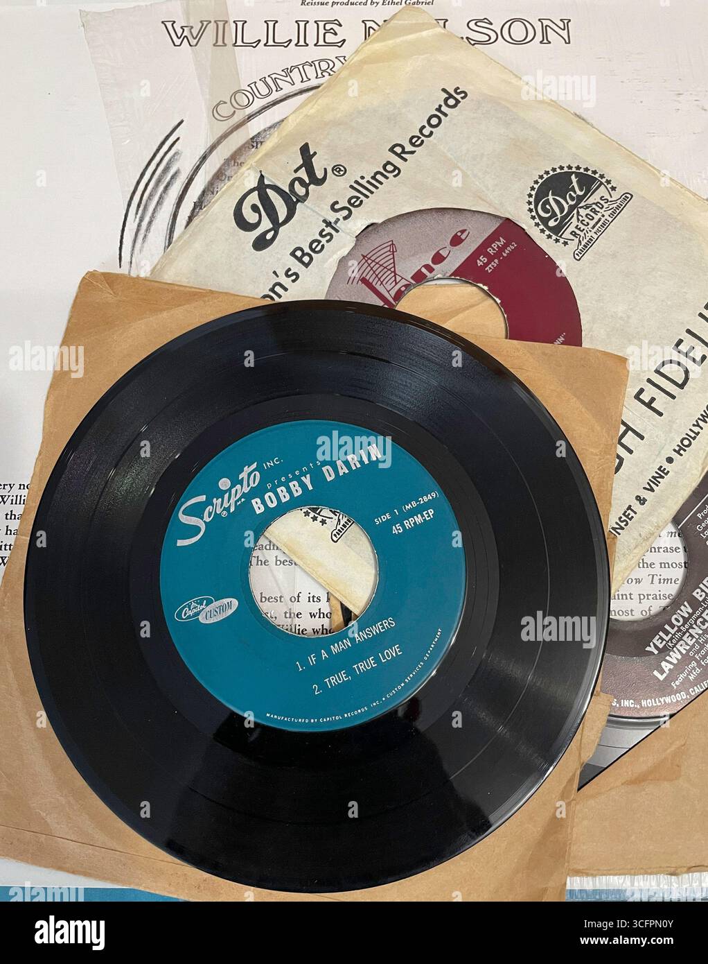 Close-up of 45 RPM vinyl records from the 1960s, United States - Smartphone Captured Stock Image