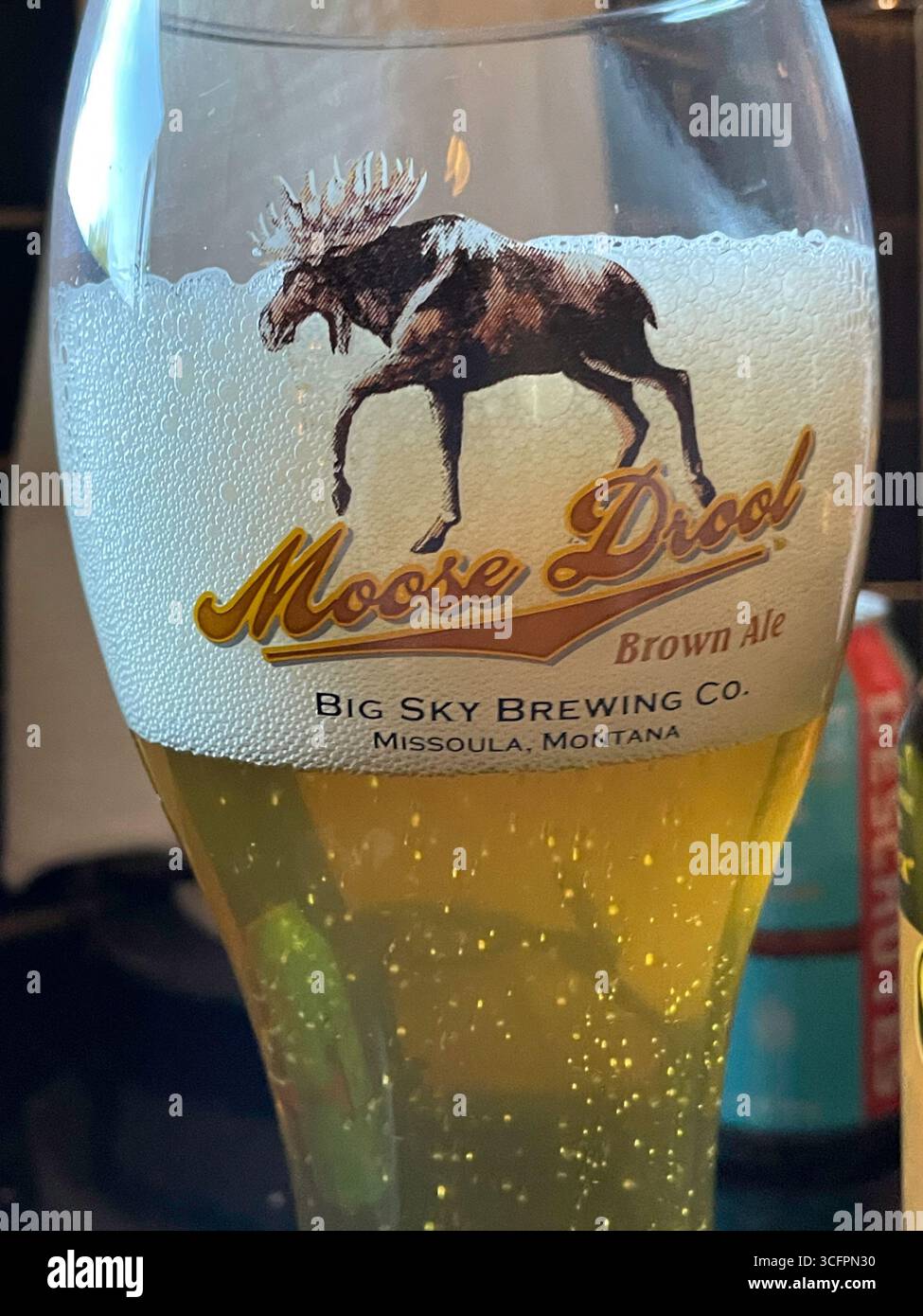 Moose drool beer is brewed by the big sky brewing Company in Missoula, Montana, 2025, United States - Smartphone Captured Stock Image