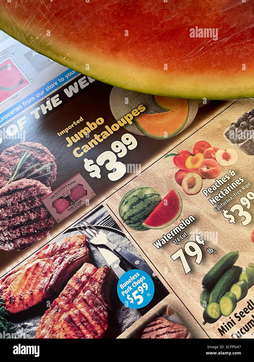 Close up of a DAG  Supermarket Weekly Special Flyer featuring Fresh Watermelon, 2025, NYC, USA - Smartphone Captured Stock Image