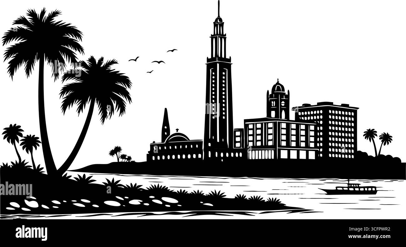Black and white vector silhouette of a city skyline with buildings ...