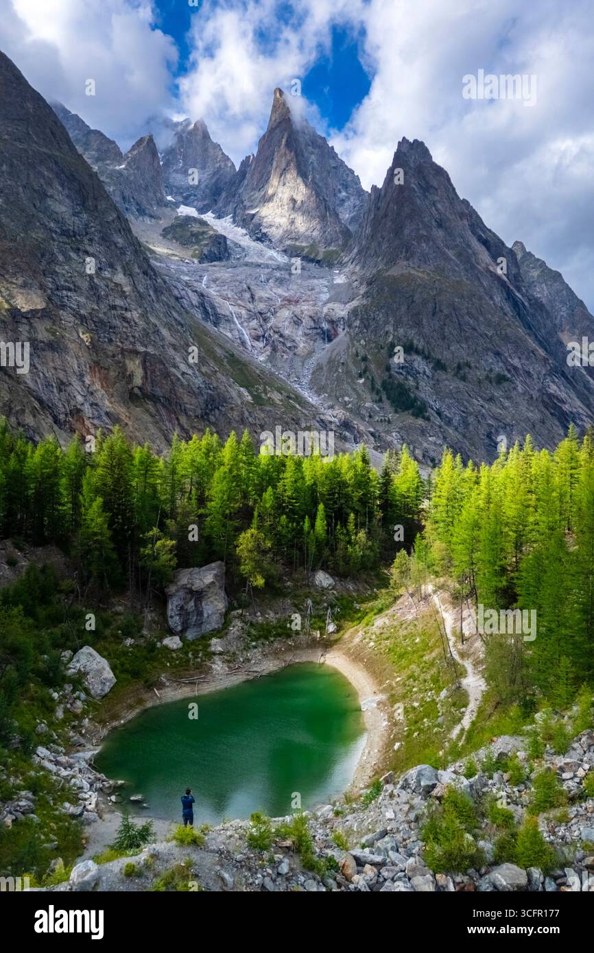 Aerial view of the mountain lake called Lac du Jardin du Miage or Lac Vert in summer. Val Veny, La Visaille, Courmayeur, Valle D’Aosta, Italy. Stock Photo