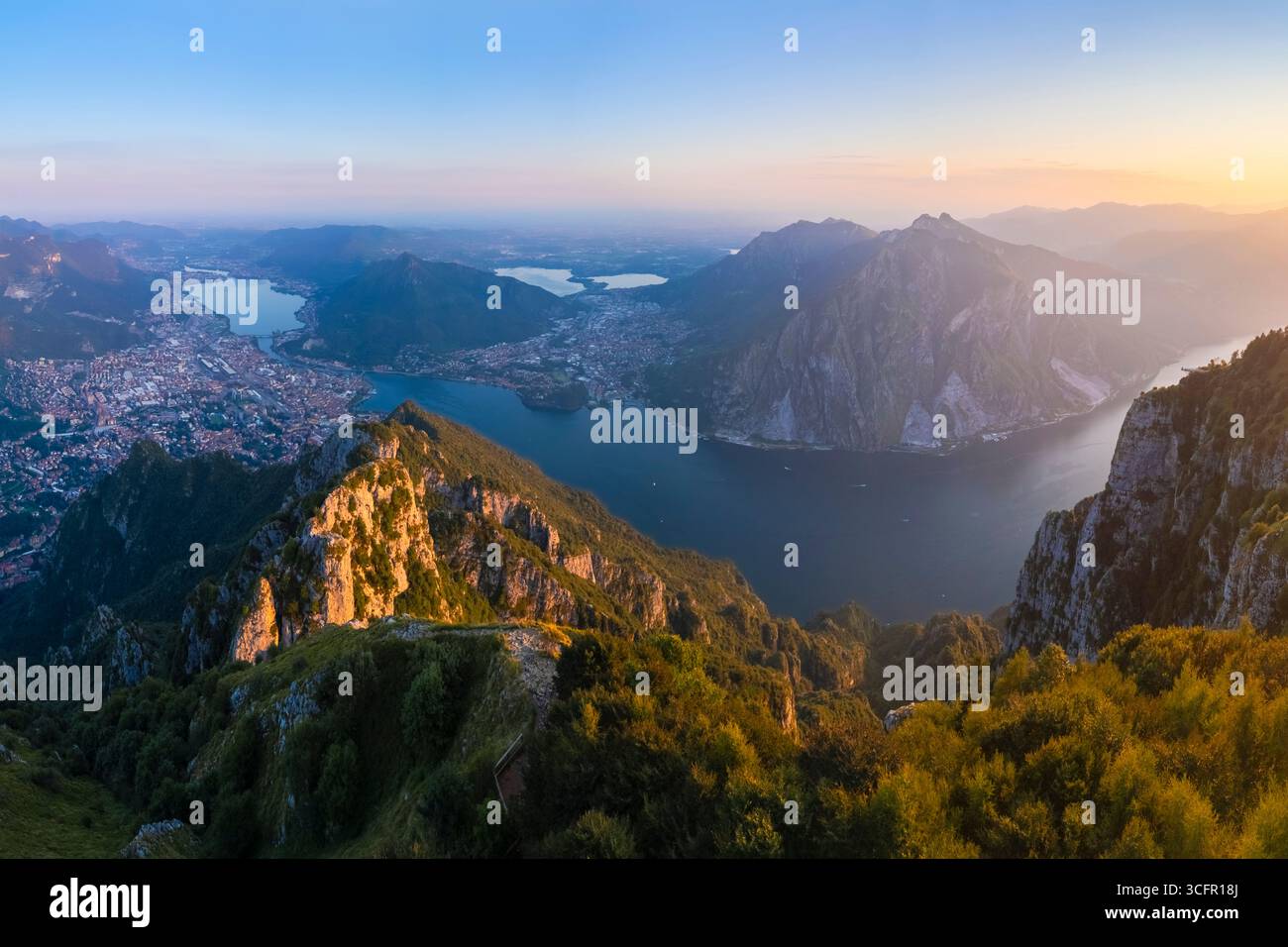 Aerial view of the Belvedere Parco Valentino viewpoint at sunset in summer. Abbadia Lariana, Lecco province, Lombardy, Italy, Europe. Stock Photo