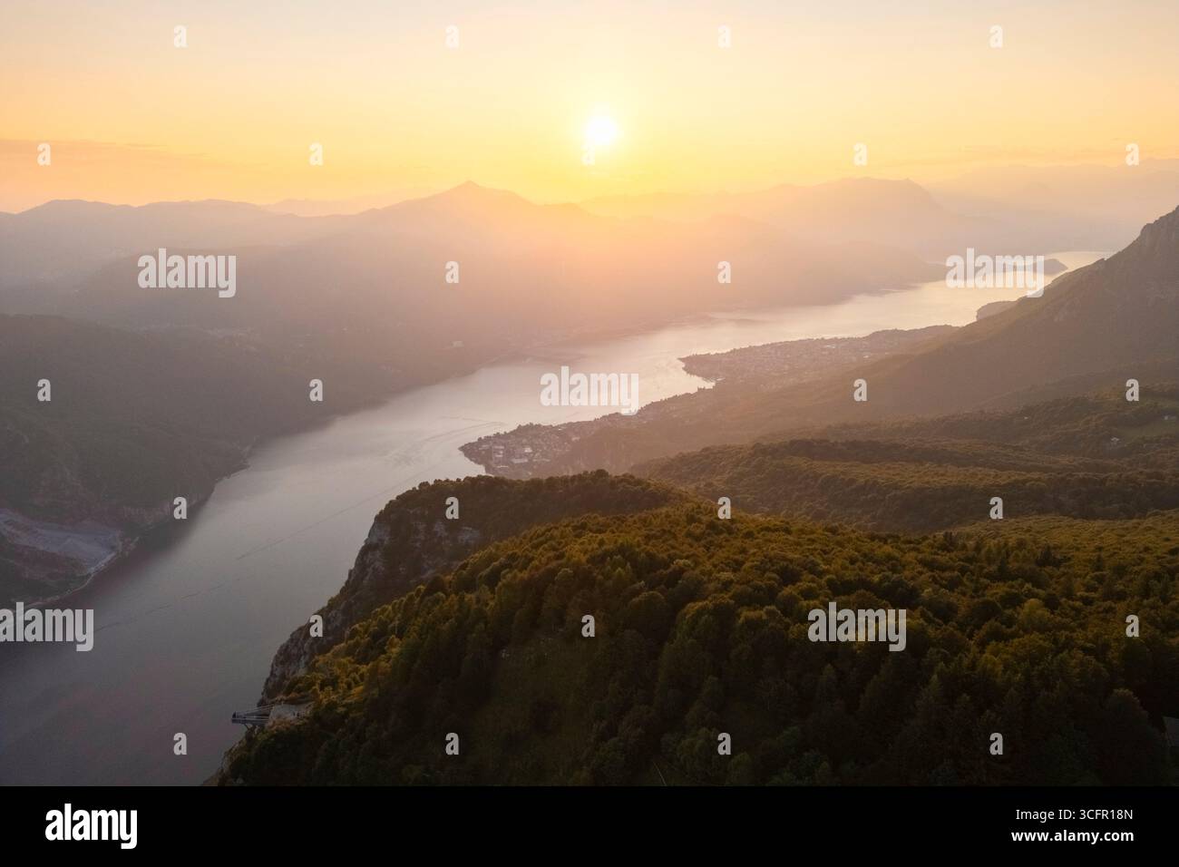 Aerial view of the Belvedere Parco Valentino viewpoint at sunset in summer. Abbadia Lariana, Lecco province, Lombardy, Italy, Europe. Stock Photo