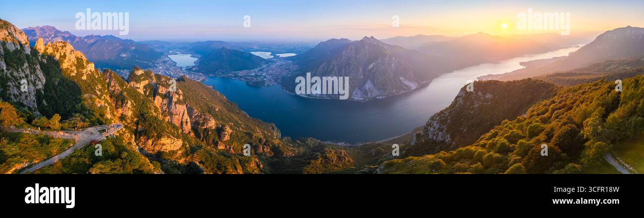 Aerial view of the Belvedere Parco Valentino viewpoint at sunset in summer. Abbadia Lariana, Lecco province, Lombardy, Italy, Europe. Stock Photo