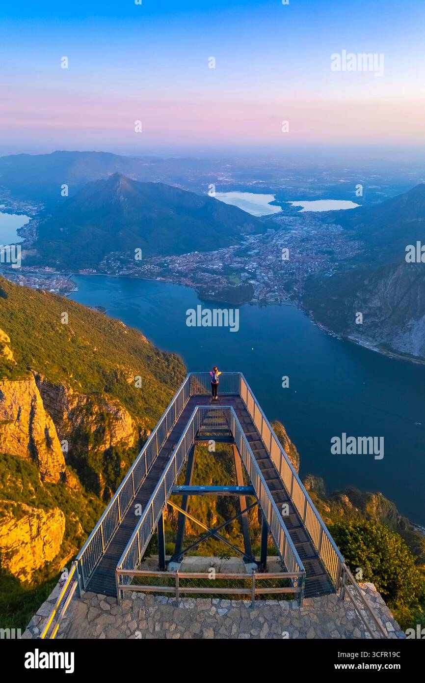 Aerial view of the Belvedere Parco Valentino viewpoint at sunset in summer. Abbadia Lariana, Lecco province, Lombardy, Italy, Europe. Stock Photo