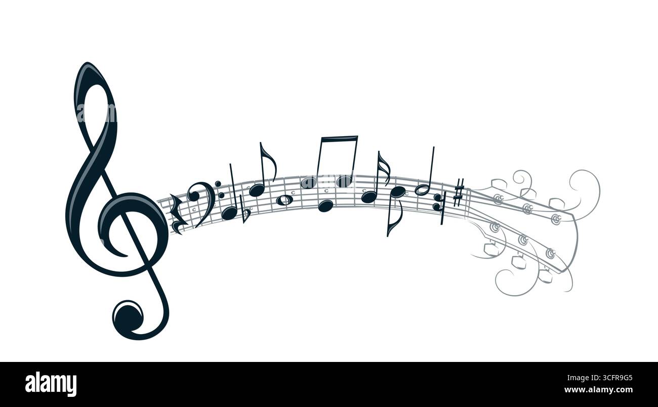 Guitar stylized symbol with musical notes. Stock Vector