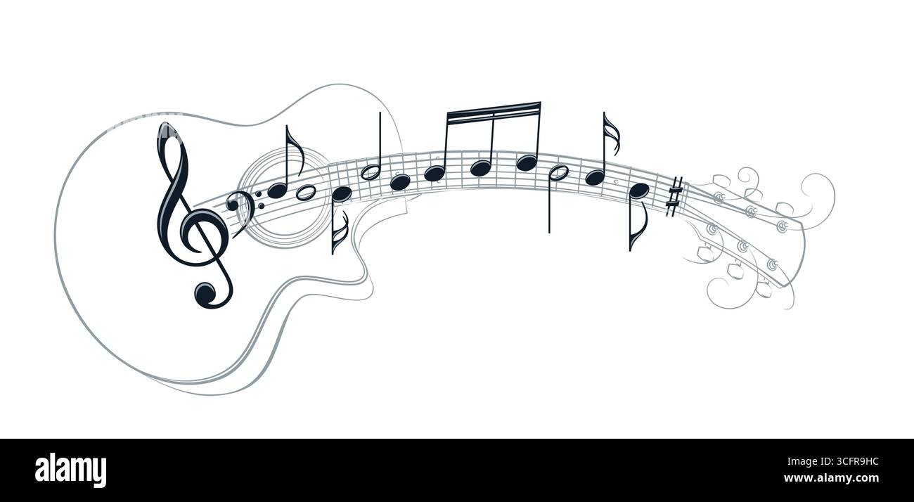 Guitar stylized symbol with musical notes. Stock Vector