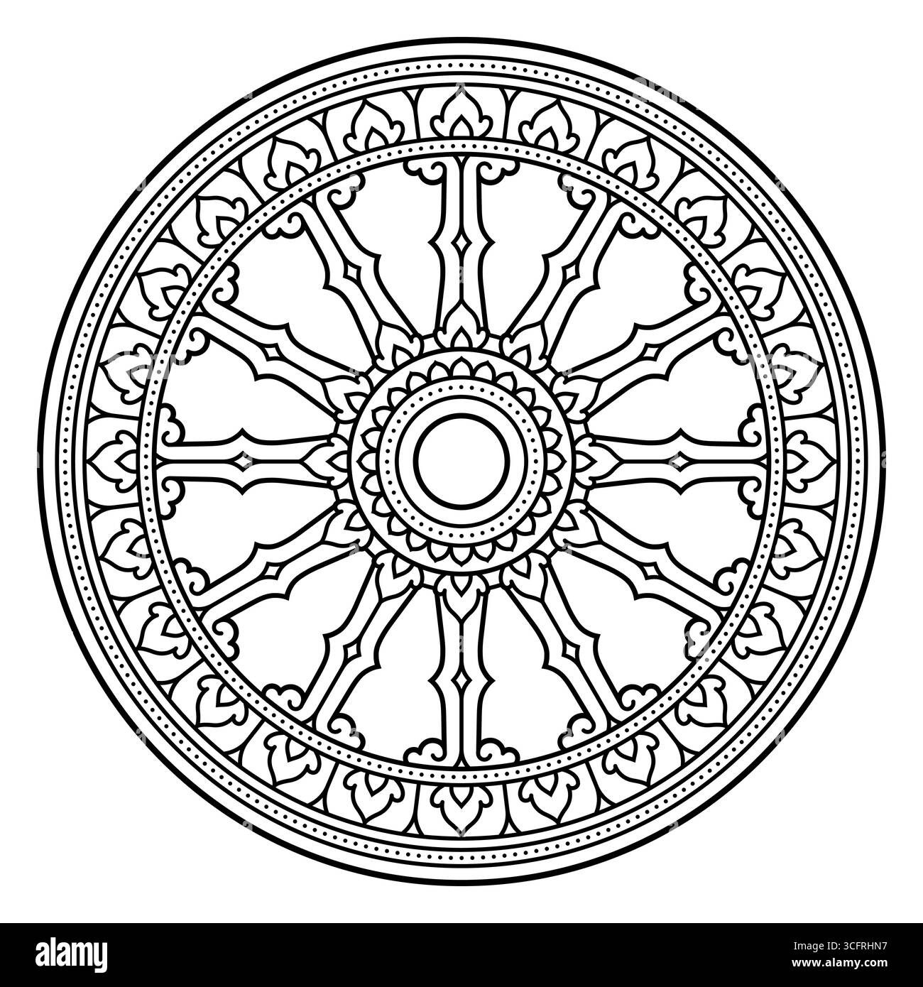 12-spoke Thai Dhamma Wheel (dhammacakka), Southeast Asian style Theravada Buddhism symbol. Black and white line art design. Isolated vector clip art i Stock Vector