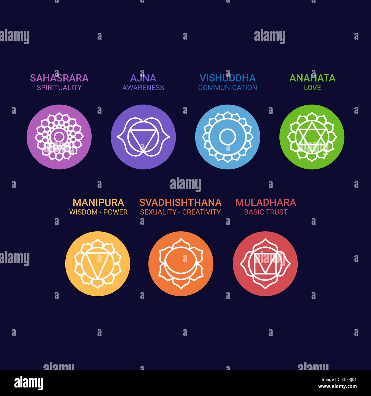 chakra icons set on dark background. Vector illustration Stock Vector