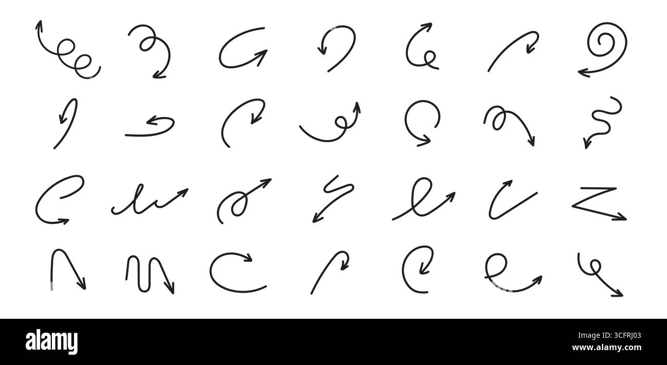 Doodle arrows with curves, loops, spirals in hand drawn, pen sketch style. Simple pointers for notes, UI highlights and infographics. Isolated thin line swirl arrow funny vector set. Stock Vector