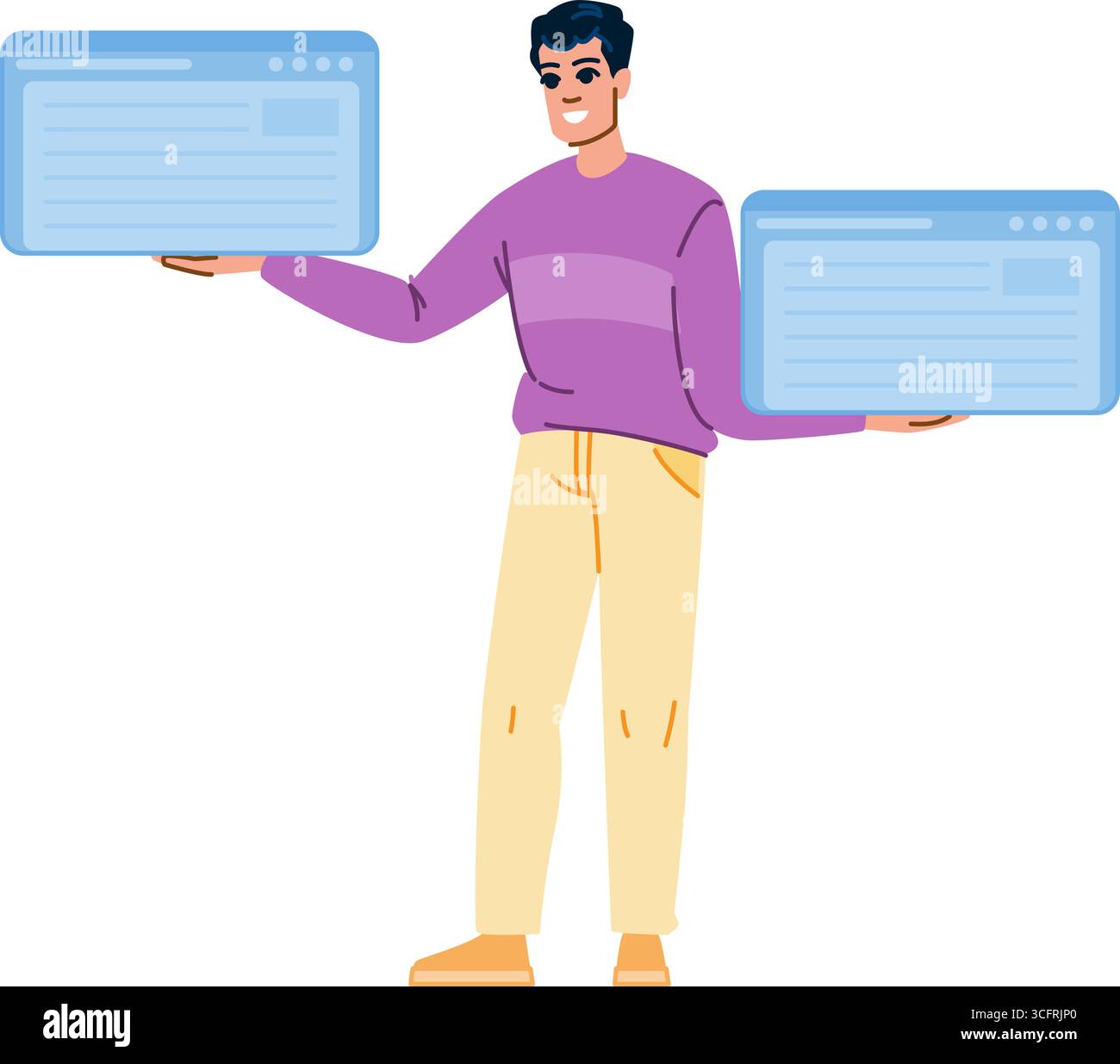 Web developer holding two browser windows, showcasing website design and development Stock Vector