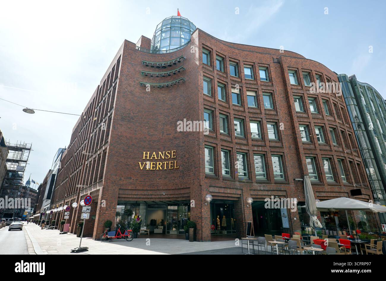 Modern brick building on a city corner in Hamburg, Germany. The 