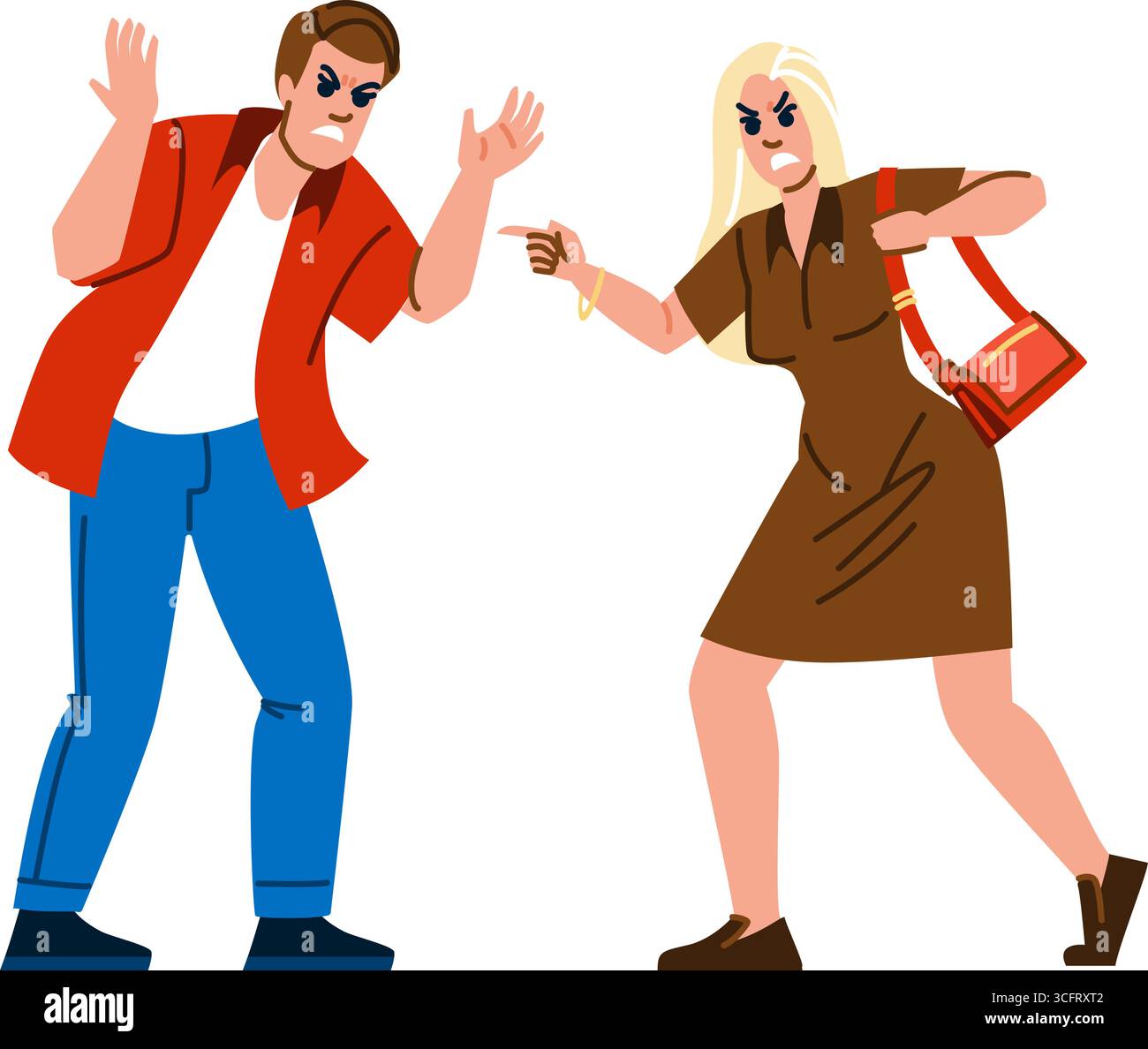 Angry couple arguing and fighting raising hands and pointing fingers ...