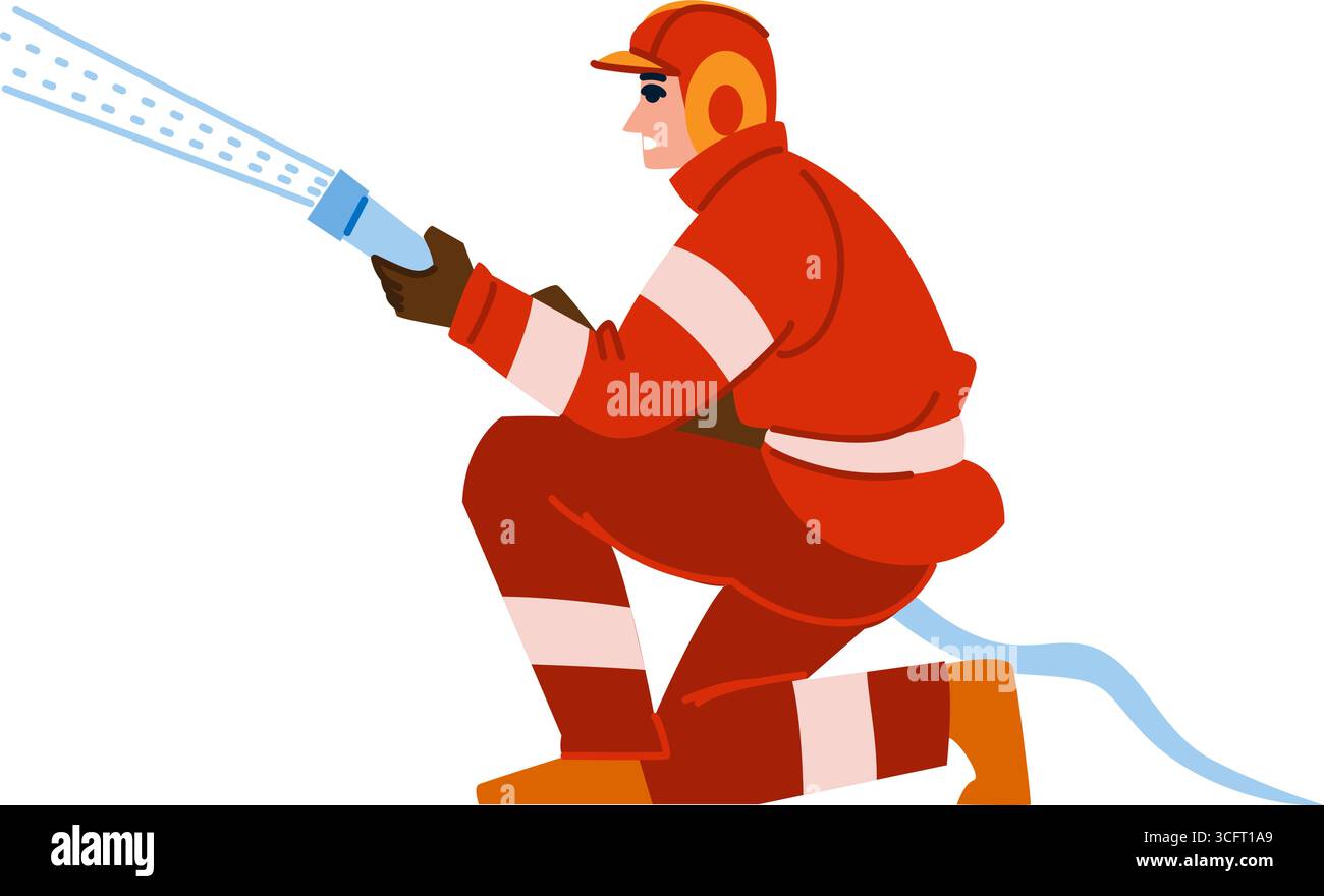Firefighter kneeling and spraying water with fire hose Stock Vector ...