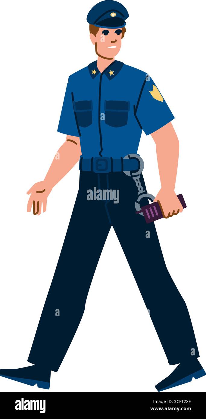 Police officer walking and holding handcuffs and pepper spray Stock Vector