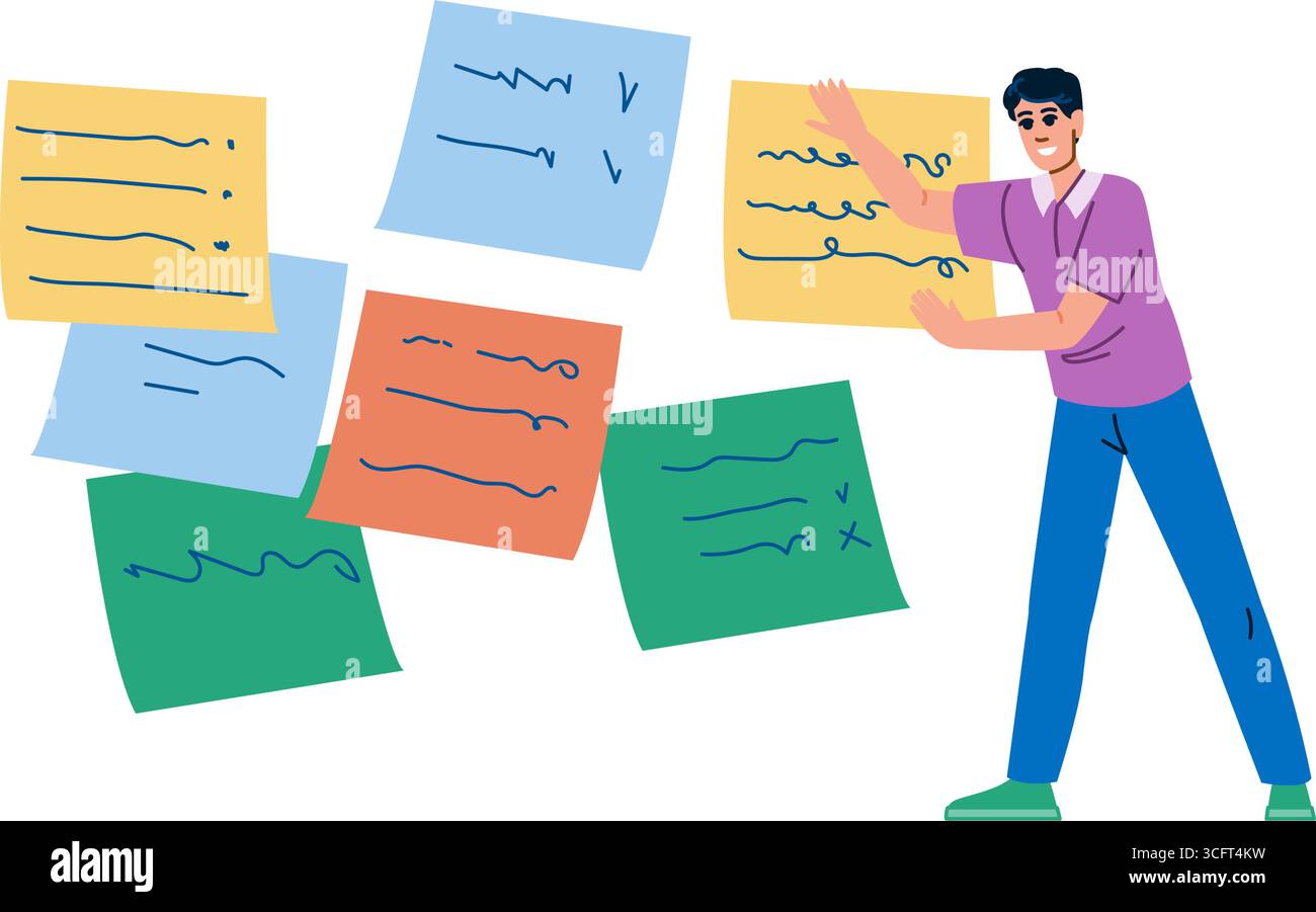 Project manager organizing tasks, arranging sticky notes on whiteboard ...