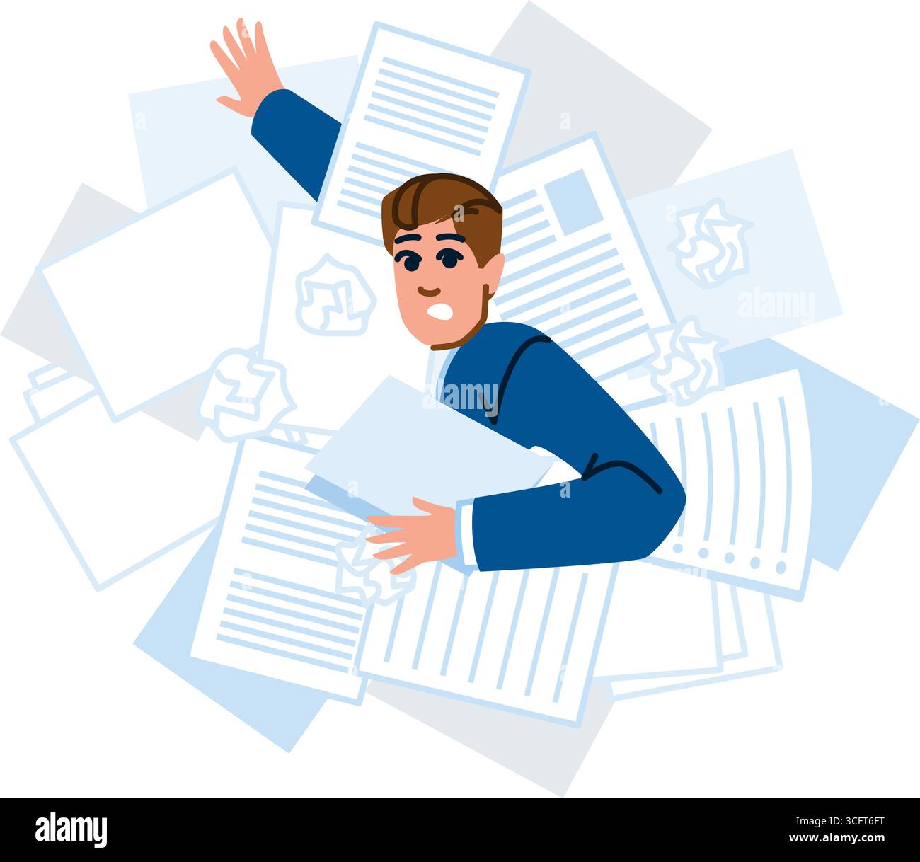 Stressed businessman drowning in paperwork is holding documents and ...
