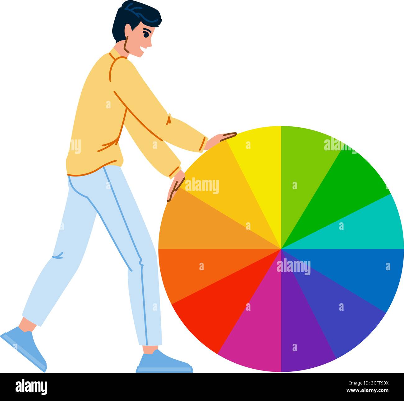 Designer pushing large color wheel representing graphic design and ...