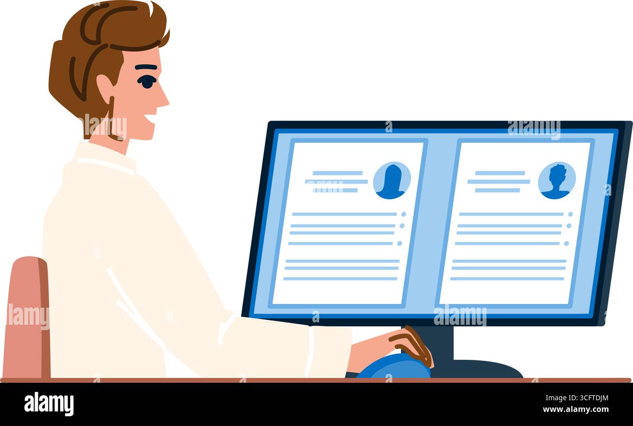 Hr manager reading curriculum vitae of applicants on computer screen ...