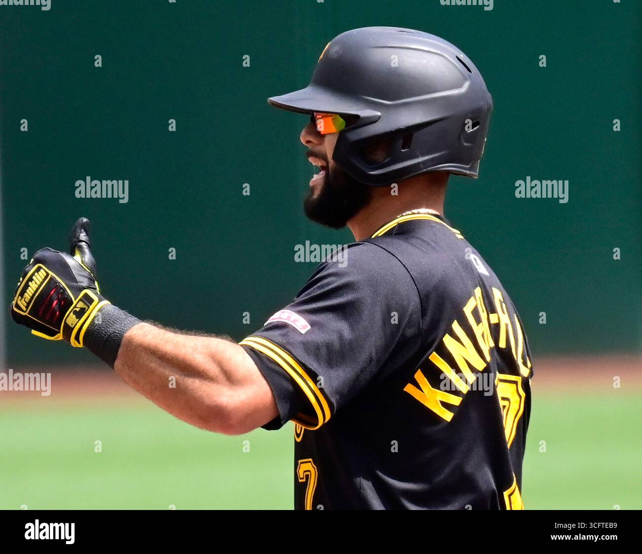 Pittsburgh Pirates shortstop Isiah KinerFalefa (7) celebrates his