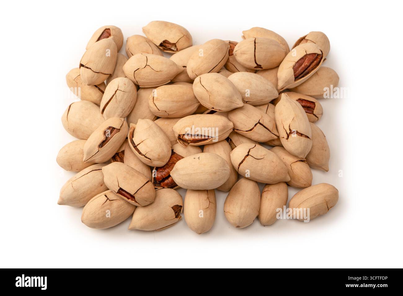 Pecan-nut in a shell isolated on white background. Top view. Stock Photo