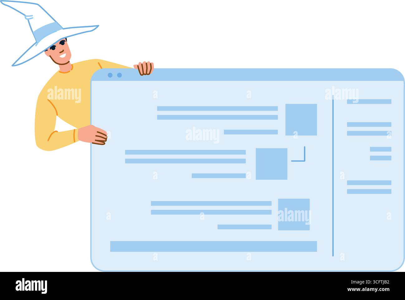Software engineer showing website mockup wearing wizard hat and ...