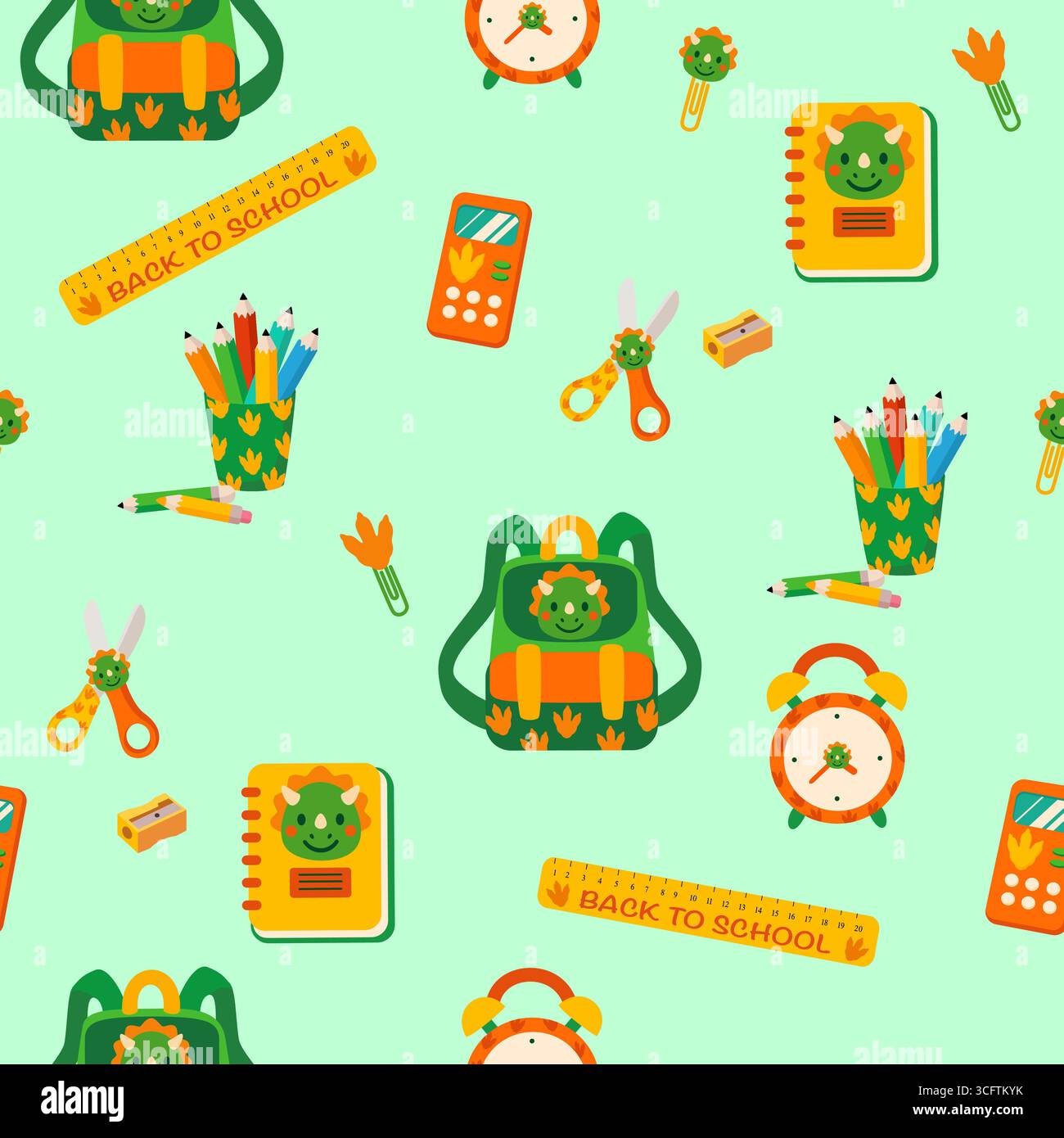Cute dinosaur school supplies seamless pattern Stock Vector