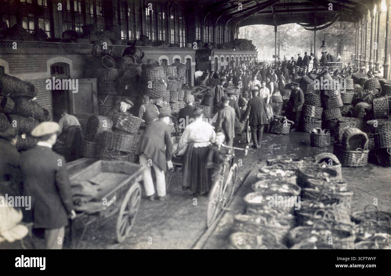 A look inside the fish market in Rotterdam, the Netherlands, 1918. Baskets and handcarts..  Vintage Archive daily life Dutch Photograph, 1910s.   By Kees Hofker Stock Photo