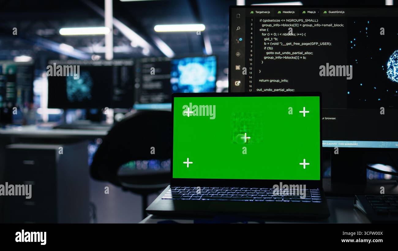 Close up of server hub mockup laptop tracking rigs processing machine ...