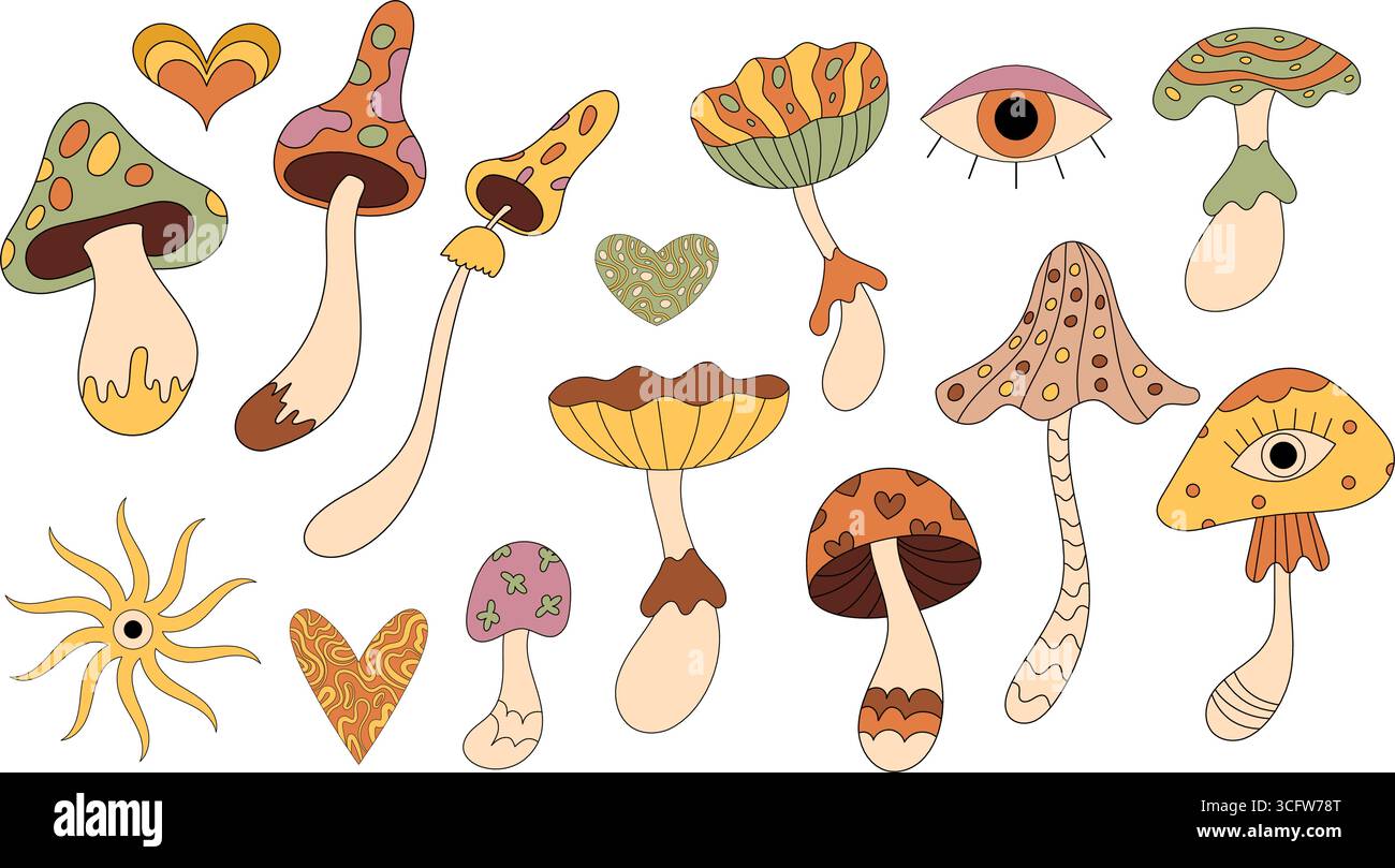 Groovy Psychedelic Retro Mushroom Set Stock Vector