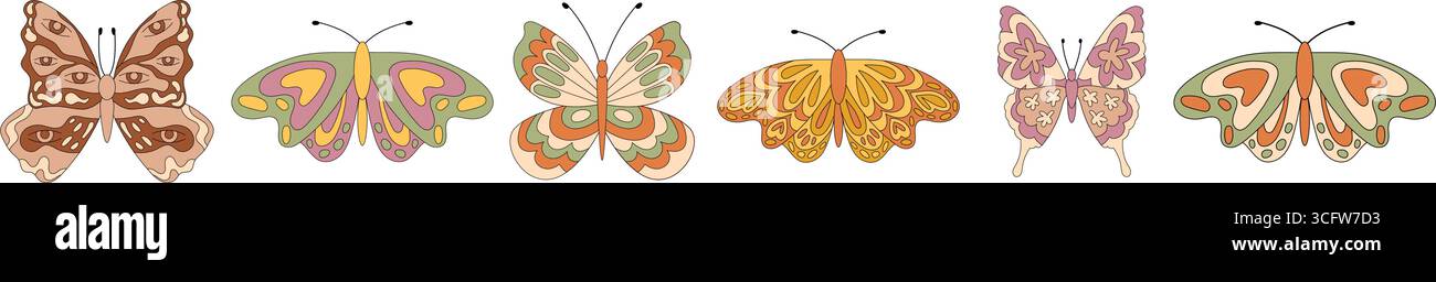 Groovy Retro Butterfly Seamless Border Pattern Stock Vector