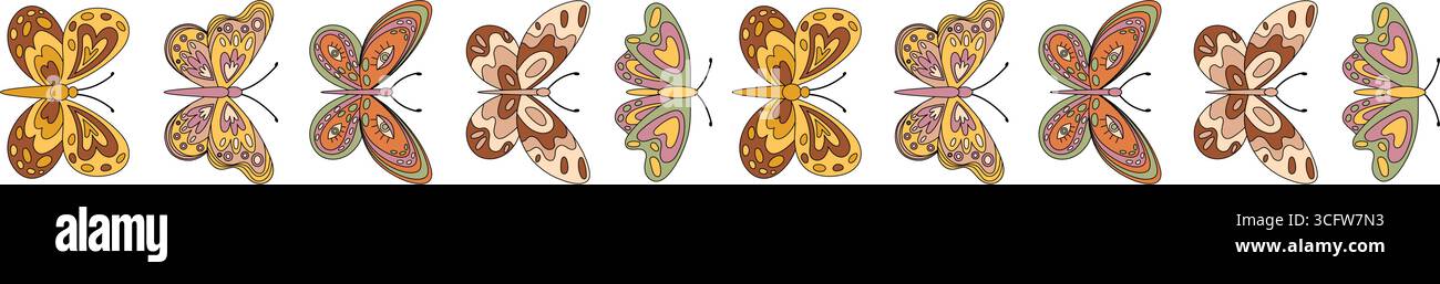 Groovy Retro Butterfly Seamless Border Pattern Stock Vector