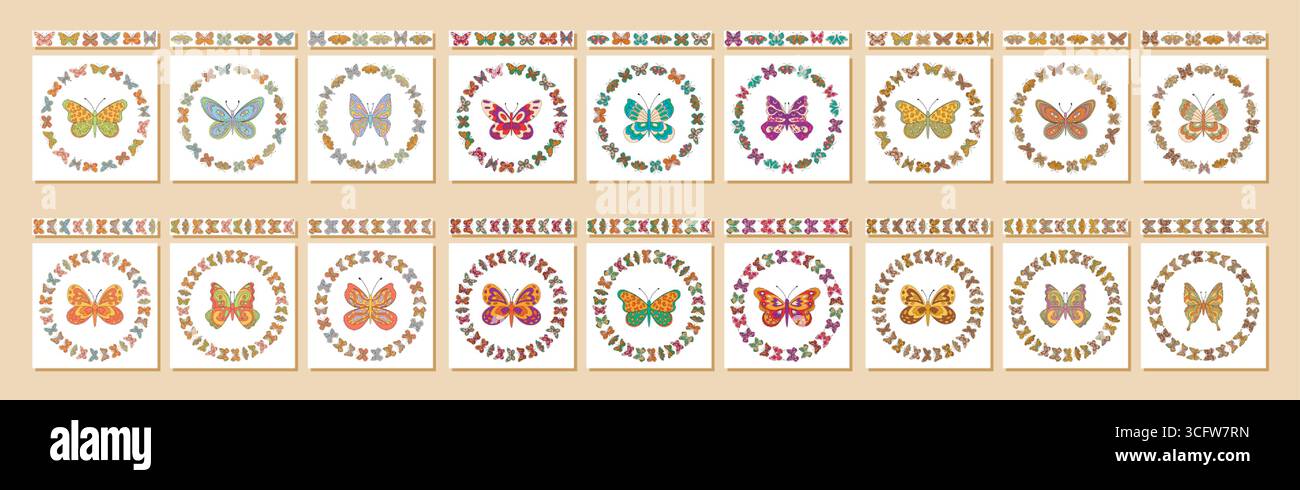 Groovy Retro Seamless Butterfly Border Set Stock Vector