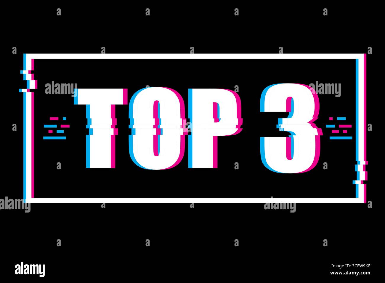 TOP 3 sign illustration. Glitch effect frame. Digital distortion Vector text. Black background design. Stock Vector