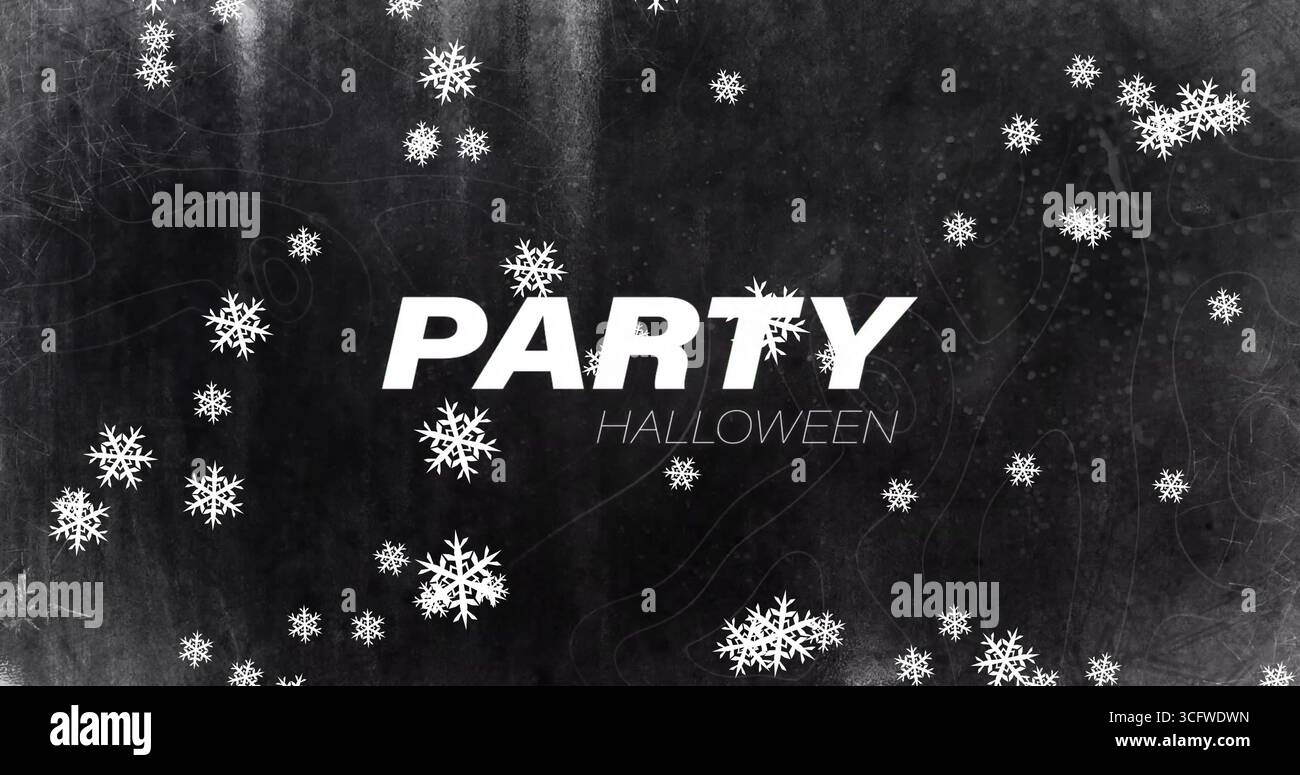 Image of party text over snow falling Stock Photo