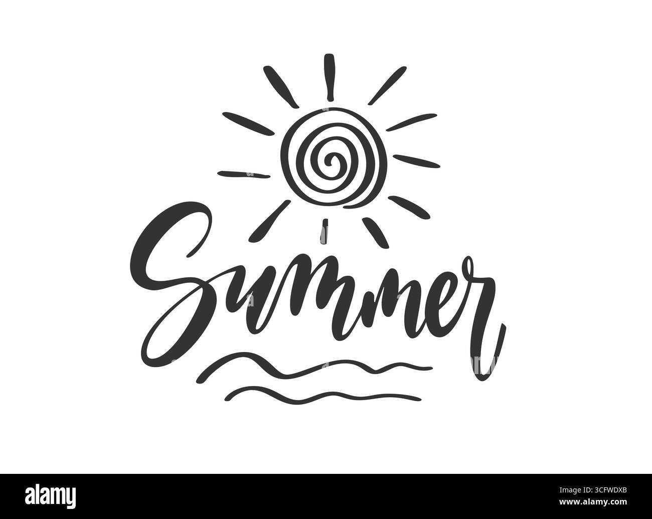 Summer black ink calligraphy. Abstract shining sun rays above brush lettering, curved stylized sea wave. Minimal sketch tropical mood heat for print poster banner of summer activities, party, adv etc Stock Vector