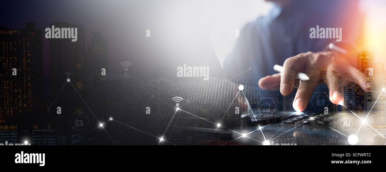 Businessman using digital technology for global financial investment, data analysis, banking management, economic, business growth, innovation, and wo Stock Photo