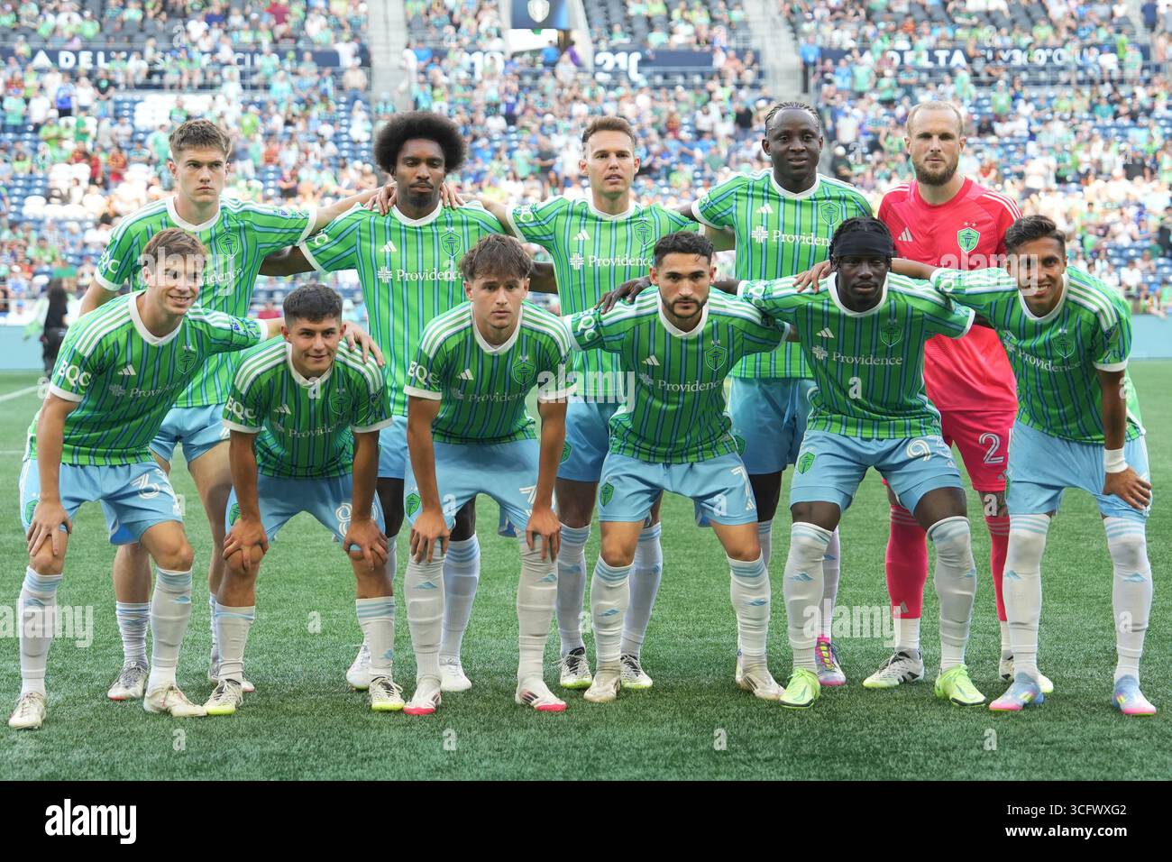 Seattle Sounders FC pose for the traditional prematch photo before an ...