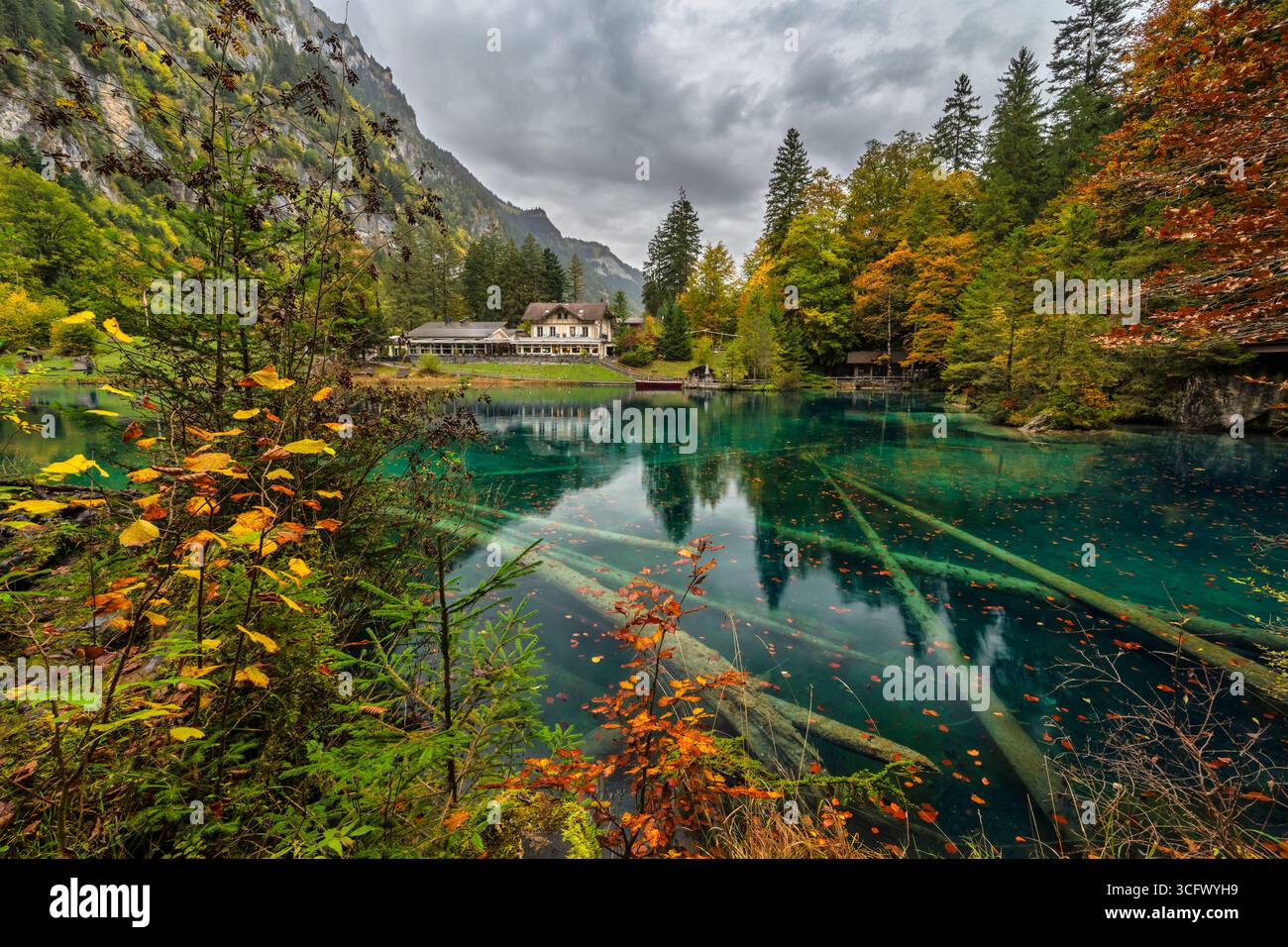Blausee Switzerland, nature landscape at blue lake in autumn season Stock Photo