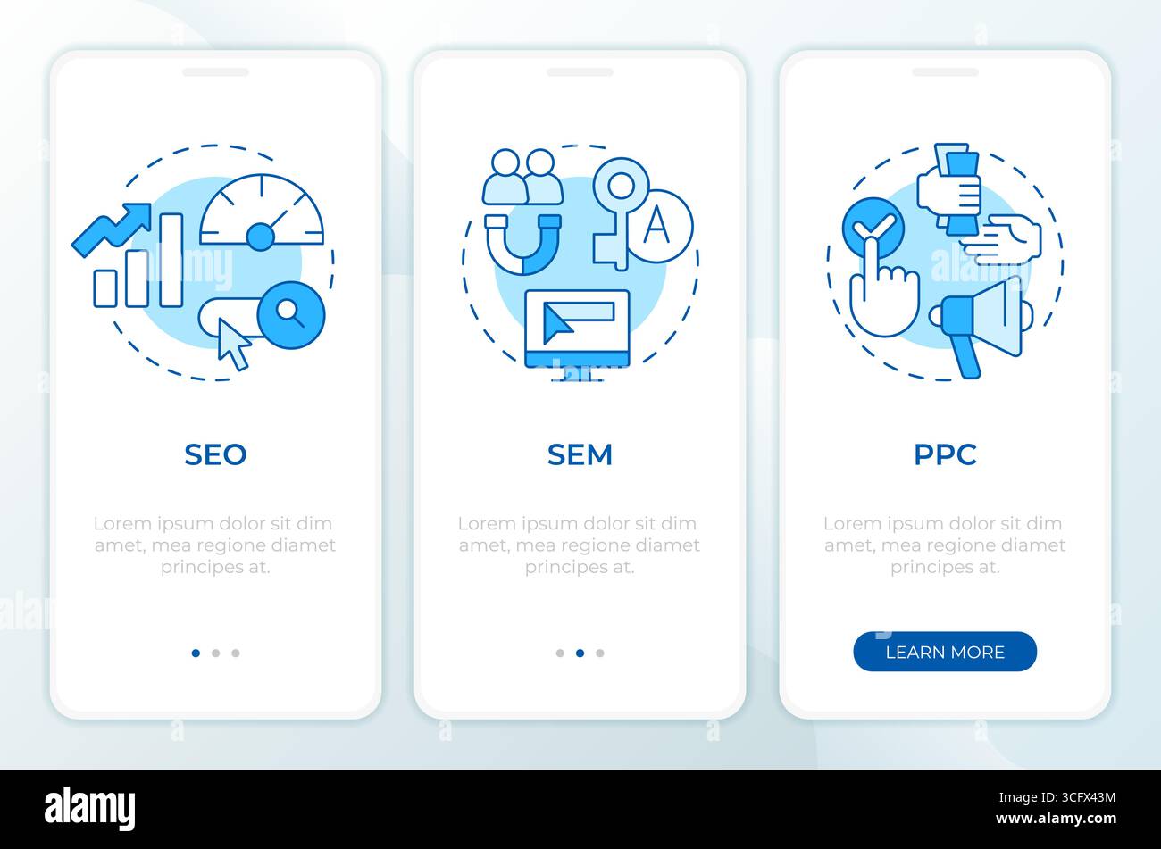 Search marketing optimization types blue onboarding mobile app screen Stock Vector