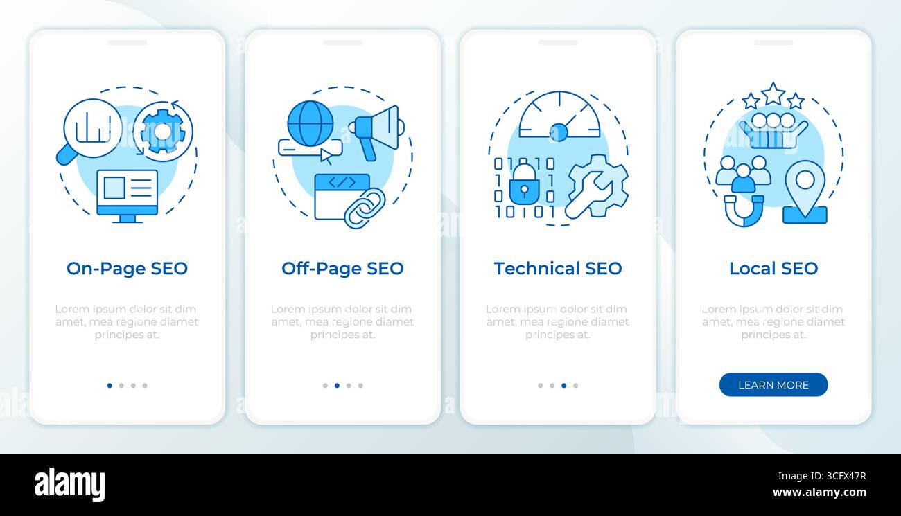 SEO optimization types blue onboarding mobile app screen Stock Vector