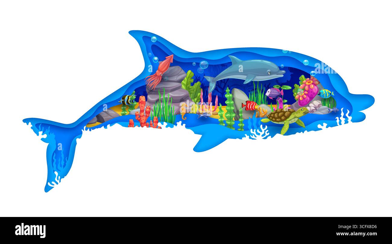 Paper cut dolphin silhouette with tropical underwater landscape ...